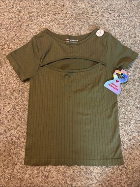 Bella Seamless Olive Green Ribbed Cutout Short Sleeve Top